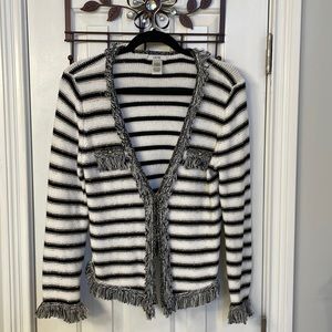 Caché Black/White/Champagne Vintage Strioed Jacket w/ Fringe Trim